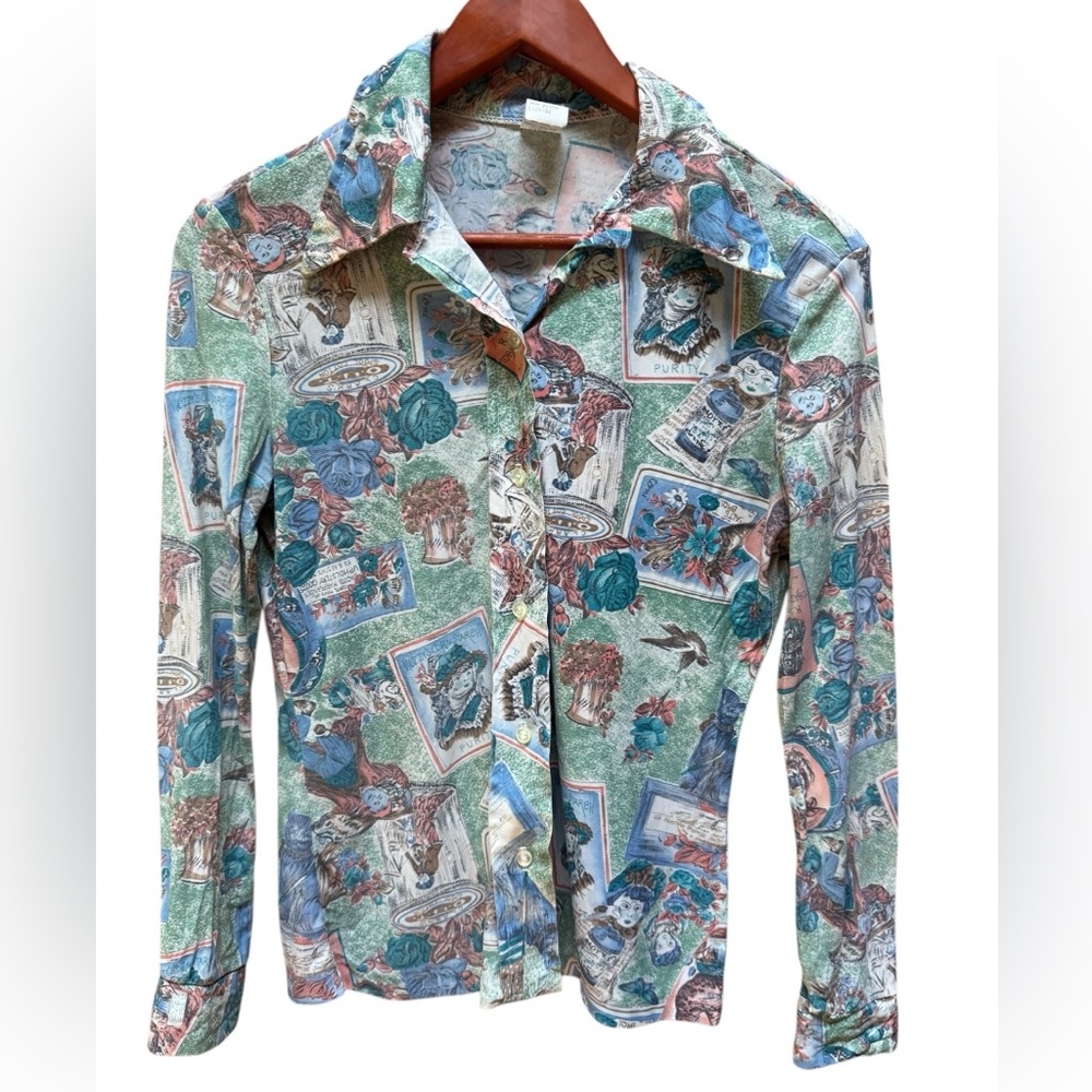 1970s Art Deco Style Print Dagger Collar Acetate/Nylon Front-Button‎ Down Shirt